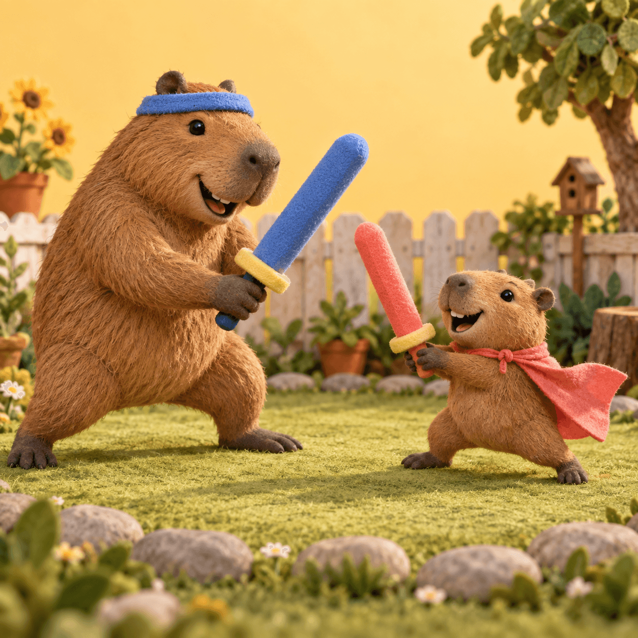 Dad and kid capybaras ready for a playful duel