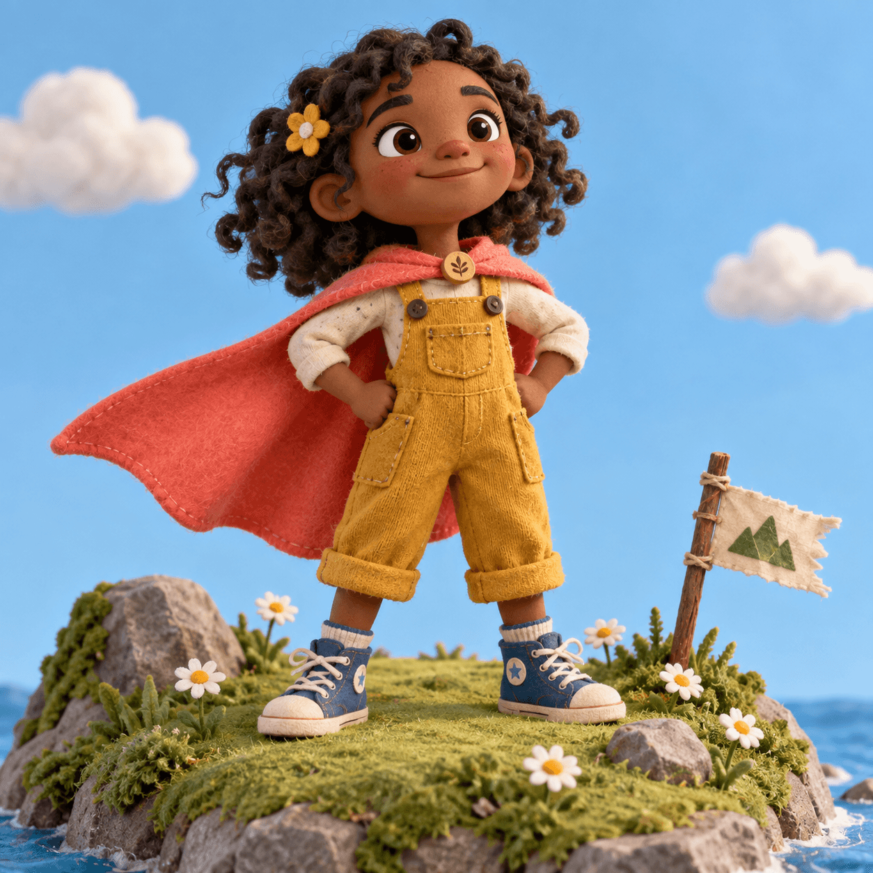 A little adventurer with a cape, imagined as a handmade game character