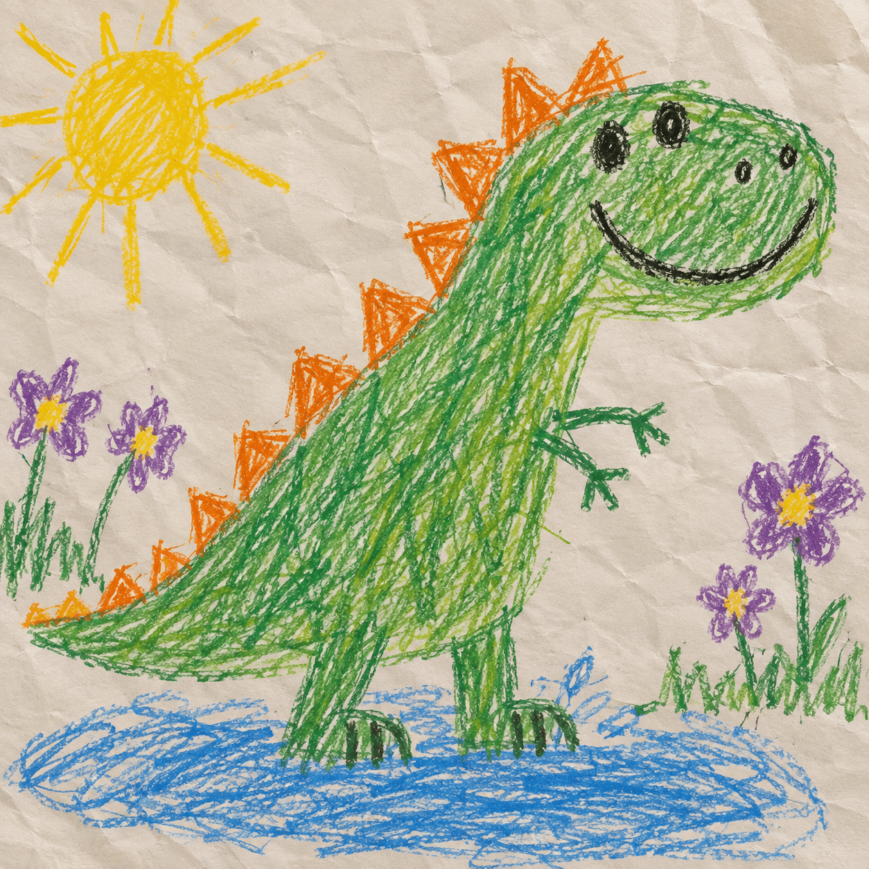 A child's crayon drawing of a smiling green dinosaur