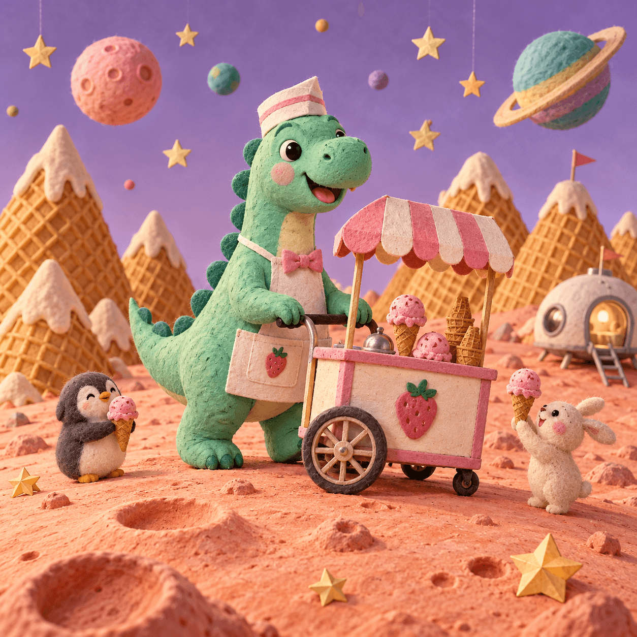 A dinosaur selling ice cream on a magical moon